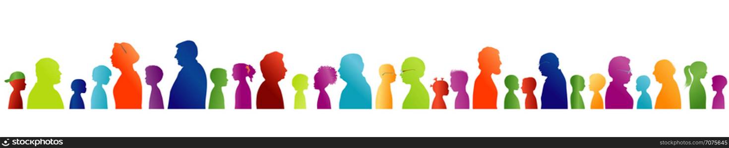 Isolated colorful profile silhouette with group of grandparents and grandchildren Dialogue or conversation between old people and children