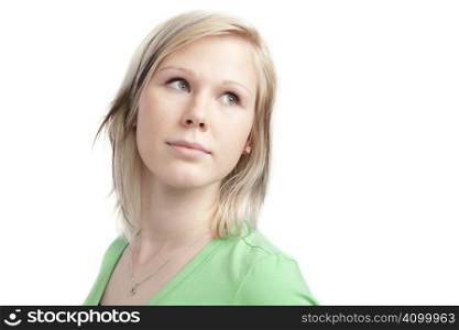 isolated cute teenage girl in green shirt over white background