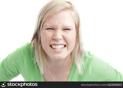 isolated cute teenage girl in green shirt over white background