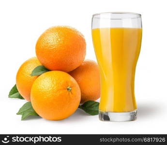 Isolated drink. Glass of orange juice and slices of orange fruit isolated on white background