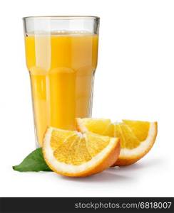 Isolated drink. Glass of orange juice and slices of orange fruit isolated on white background