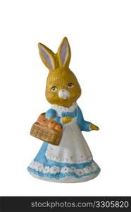 isolated easter decoration female rabbit in a blue dress