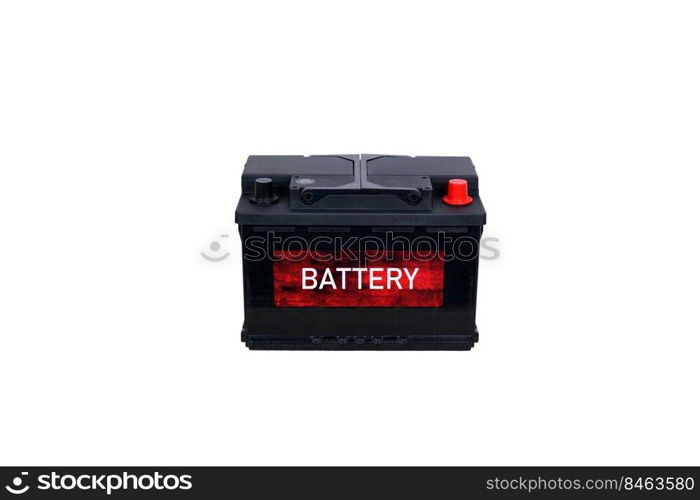 Isolated generic black battery with a red label on a white background