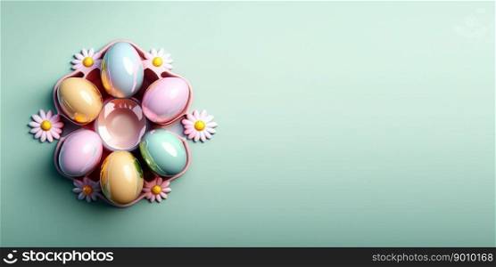 Isolated glossy 3d easter eggs background and ban≠r with flower ornament and©space