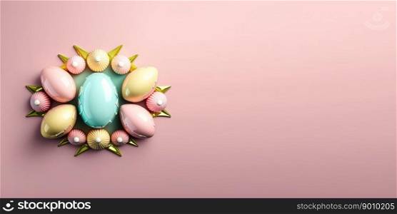 Isolated glossy 3d easter eggs background and banner with small flower ornament and copy space