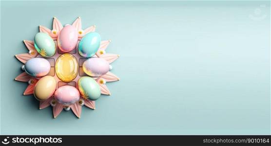 Isolated glossy 3d easter eggs celebration background and banner with flower ornament and copy space