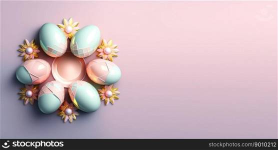 Isolated glossy 3d easter eggs celebration background and banner with small flower ornament and copy space