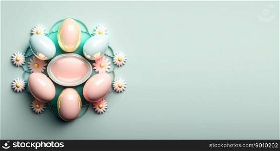 Isolated glossy 3d easter eggs greeting card background and banner with small flower ornament and empty space