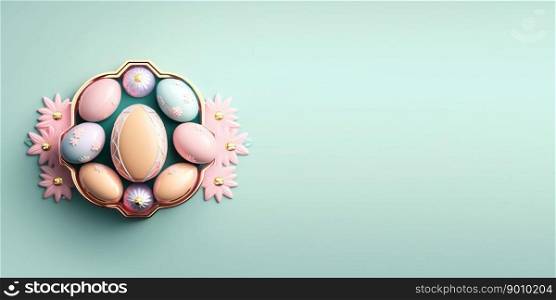 Isolated glossy 3d easter eggs greeting card background and banner with small flower ornament and copy space