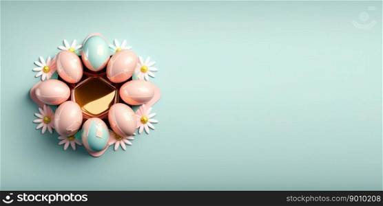Isolated glossy 3d easter eggs holiday background and banner with small flower ornament and copy space