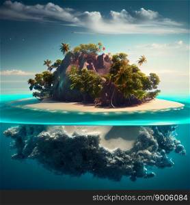 Isolated green island with mountain and palm flying high in deep sea. Ai generative. Isolated green island with mountain and waterfall flying high in the blue sky