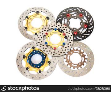 Isolated group of new disc brake for motorcycle on white background