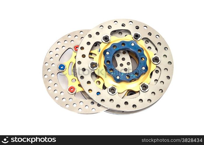 Isolated group of new disc brake for motorcycle on white background
