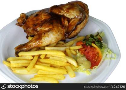 Isolated Half Chicken and Fries on White Plate Close Up
