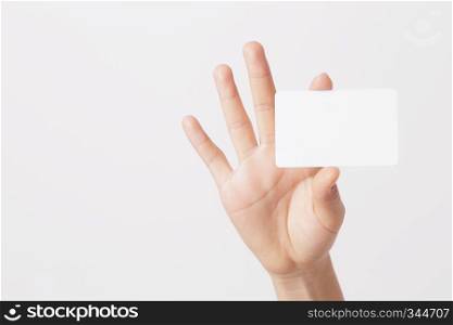 isolated hand holding blank card on white background