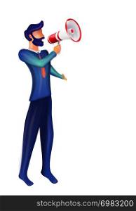 Isolated illustration 3d man character announcing with megaphone isolated. Notice