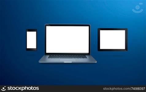 Isolated laptop ,digital pad and smart phone with empty space on blue background . white blank screen for design template .