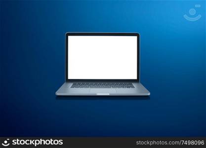 Isolated laptop with empty space on blue background . white blank screen for design template .