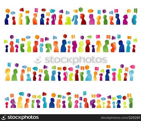 Isolated large group communication of people talking. Communicate social networking. Colored profile silhouette. Speech bubble. Multiple exposure