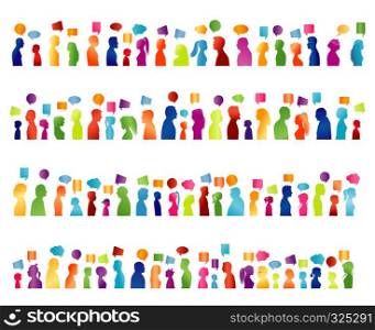 Isolated large group communication of people talking. Communicate social networking. Colored profile silhouette. Speech bubble. Multiple exposure