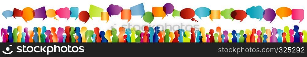 Isolated large group communication of people talking. Crowd of people. Speech bubble. Communicate social networking. Dialogue between people. Colored profile silhouette. Multiple exposure
