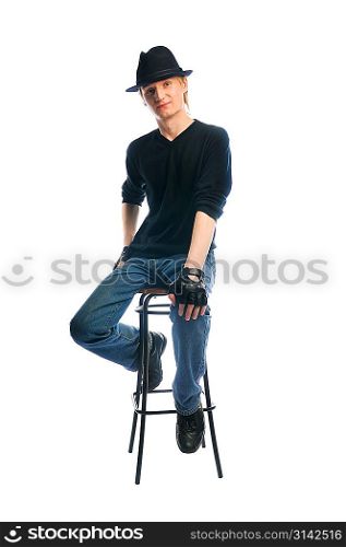 Isolated man sitting on the bar chair