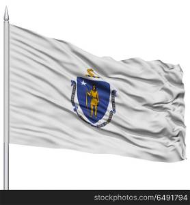 Isolated Massachusetts Flag on Flagpole, USA state, Flying in the Wind, Isolated on White Background