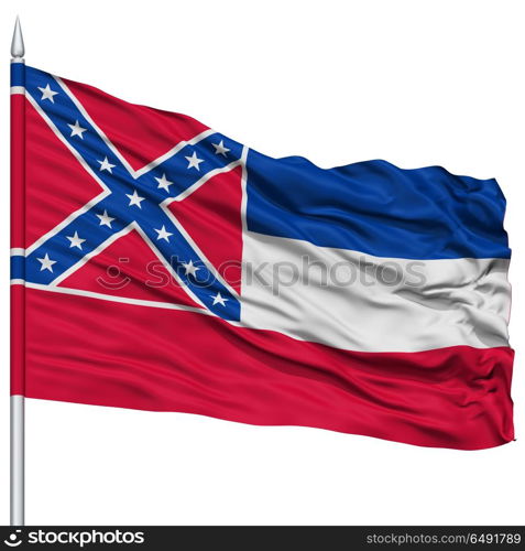 Isolated Mississippi Flag on Flagpole, USA state, Flying in the Wind, Isolated on White Background