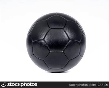 Isolated modern black football or soccer ball centered on a white background with drop shadow