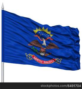 Isolated North Dakota Flag on Flagpole, USA state, Flying in the Wind, Isolated on White Background