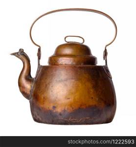 Isolated objects: aged antique small copper kettle, on white background. Aged antique copper kettle