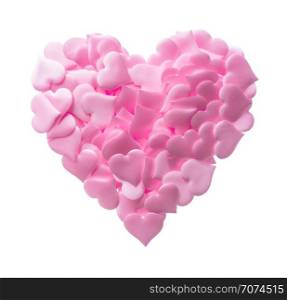 Isolated objects: big heart made of small pink hearts, suitable for Valentine`s day or wedding or some else romantic event. Big heart made of small pink hearts