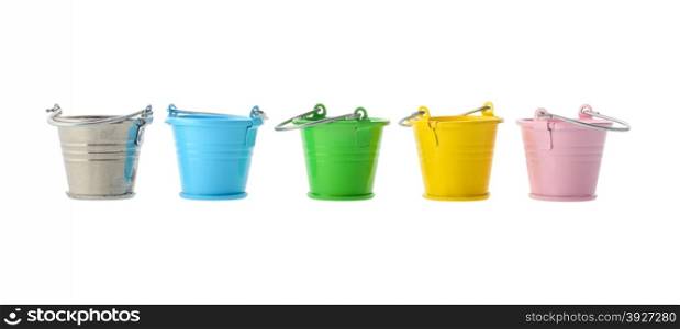 Isolated objects: colorful buckets, arranged in a row, isolated on white background