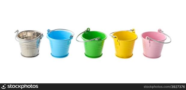 Isolated objects: colorful buckets, arranged in a row, isolated on white background