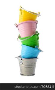 Isolated objects: colorful buckets, stacked vertically, isolated on white background