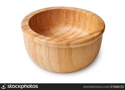 Isolated objects: empty wooden bowl, traditional kitchen utensil, on white background. Empty wooden bowl
