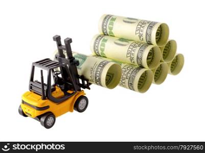 Isolated objects: financial concept, yellow forklift stacking up one-hundred dollar bills, rolled as tubes, isolated on white background.