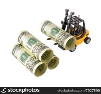 Isolated objects: financial concept, yellow forklift stacking up one-hundred dollar bills, rolled as tubes, isolated on white background.
