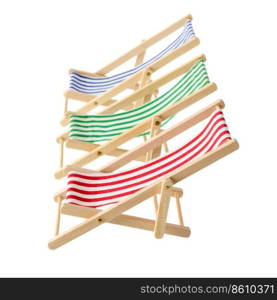 Isolated objects  group of wooden multicolored striped deck chairs, isolated on white background. Striped deck chairs