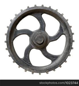 Isolated objects: Old decorative wooden cogwheel, on white background. Old cogwheel