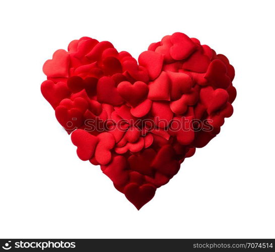 Isolated objects: red heart made of small hearts, suitable for Valentine`s day or wedding or some else romantic event. Red heart