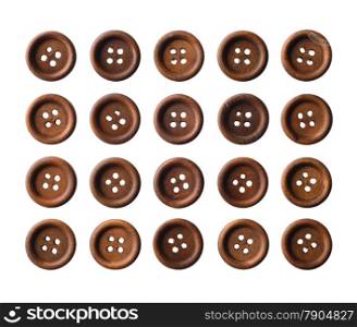 Isolated objects: set of dark brown wooden buttons, isolated on white background
