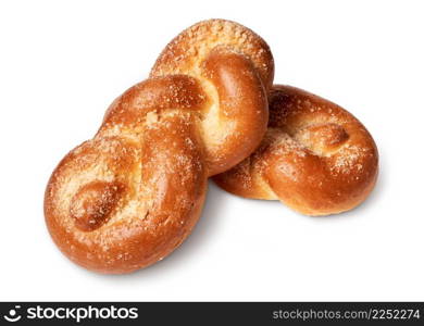 Isolated objects: traditional twisted wheat bun, on white background. Traditional twisted wheat bun