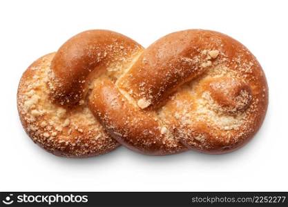 Isolated objects: traditional twisted wheat bun, on white background. Traditional twisted wheat bun