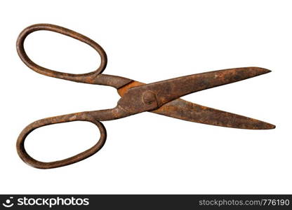 Isolated objects: very old rusty tailor`s scissors on white background. Old rusty tailor scissors