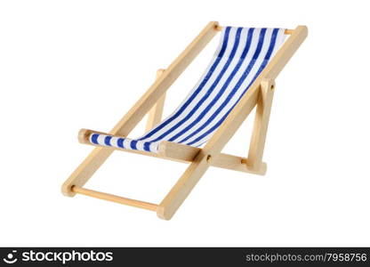 Isolated objects: wooden blue striped deck chair, isolated on white background