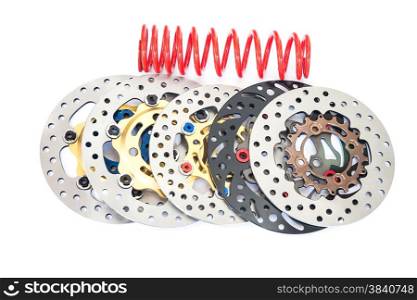 Isolated of new disc brake and suspension for motorcycle on white background