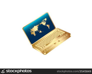 Isolated On A White Background Golden Laptop With World Map