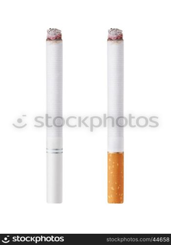 Isolated on white background burning cigarettes with orange and white filters