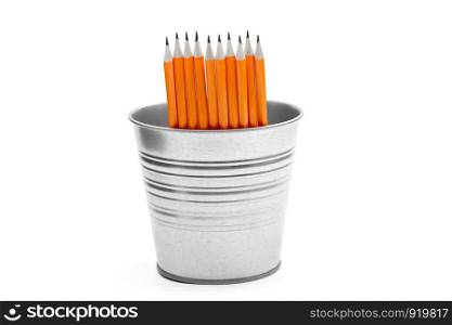 Isolated orange pencils on a clean white background in a metal bucket. pencils on a white background in a bucket
